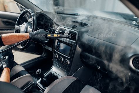 Carwash service, worker in gloves cleans salon with steam cleaner. Professional dry cleaning of car interior Car Detailing Interior, Hand Car Wash, Eco Friendly Cleaning Products, Steam Cleaner, Steam Cleaners, Steam Cleaning, Hvac System, Ventilation System, Garage Design