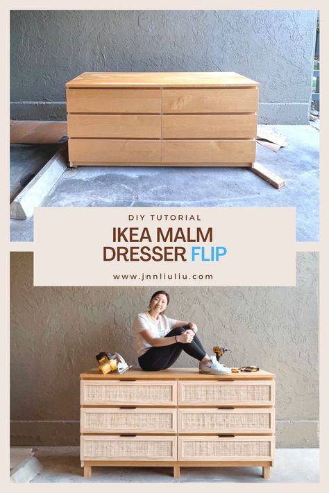 Ikea Rattan Dresser Hack, Upgraded Ikea Dresser, Ratan Diy Dresser, Ikea Malm Custom, Boho Rattan Dresser, Boho Bedroom With Dresser, Ikea Malm Boho, Upgrading Ikea Furniture, Ikea Malm Rattan