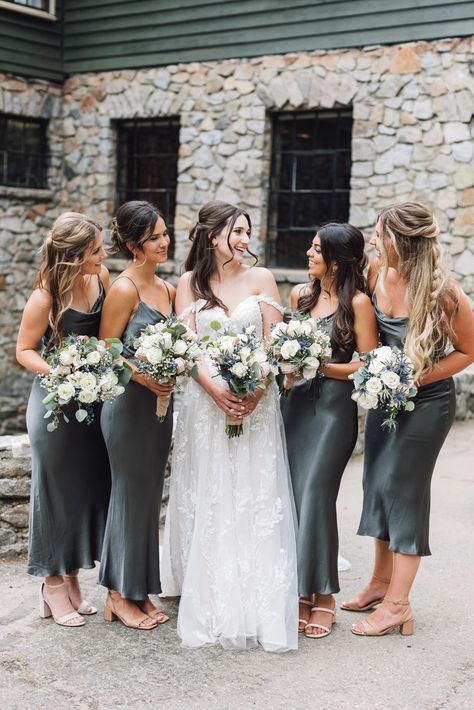 Gray skies were a gift at this Tahoe lodge wedding in the mountains Dark Grey Bridesmaid Dresses, Silk Bridesmaid Dresses, Wedding In The Mountains, Grey Bridesmaids, Historic Wedding, Grey Bridesmaid Dresses, Palette Inspiration, Rainbow Wedding, Tahoe Wedding