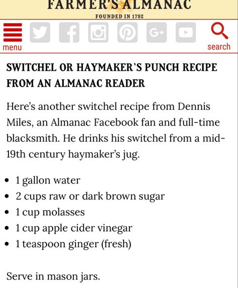 Haymakers Punch, Switchel Recipe, Punch Recipes, Molasses, Apple Cider Vinegar, Brown Sugar, Vinegar, Mason Jars, Drinks