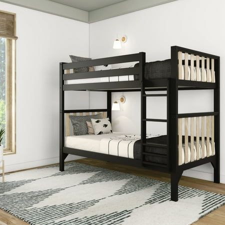 The Max & Lily Scandinavian Twin over Twin Bunk Bed brings a clean, neutral look to your modern and minimalist kids room! Crafted with knot-free, solid pine wood and aspen wood, these twin bed frames offer exceptional strength and sturdiness. A two-tone mix of white and blonde wood or a clean, solid finish creates sleek, modern style. The top bunk features tall, 14-inch guardrails, so the bunk bed safely fits standard mattress sizes. A straight ladder with rounded edges offers comfortable, easy climbing. Added bonus  the ladder can be installed on either the left or right side of the bunk bed to fit your room perfectly. The sleek headboard design and flush, color-coordinating hardware give these kids bunk beds a complete look. With soldi pine wood slats and a metal support bar for the top Twin Bed Frames, Wood Twin Bed, Minimalist Kids Room, Solid Wood Bunk Beds, Bunk Beds For Kids, Modern Bunk Beds, Twin Over Twin Bunk Bed, Minimalist Kids, Wood Bunk Beds