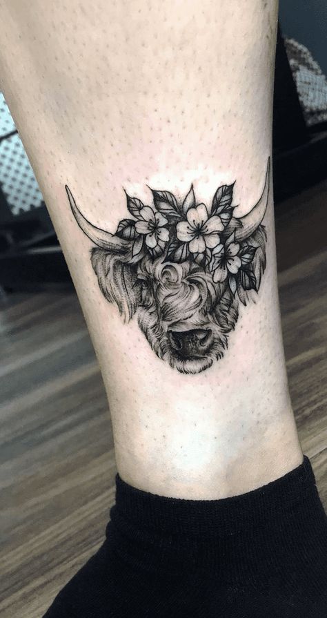 Animal Calf Tattoo, Small Highland Cow Tattoo, Hyland Cow Tattoo, Highland Cow Tattoo Simple, Animal Tattoos For Women Small, Highland Cow Tattoo With Flowers, Cow Head Tattoo, Buffalo Tattoo Ideas, Cow Tattoo Small