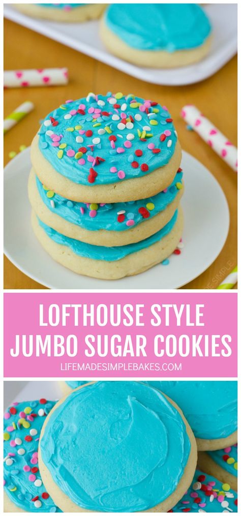 These lofthouse style jumbo sugar cookies are sure to become a family favorite! Not only are they extra thick and soft, but they have amazing flavor too! #lofthousestylejumbosugarcookies #sugarcookies #lofthousesugarcookies #jumbosugarcookies #softsugarcookies Loft House Sugar Cookies, Thick Soft Sugar Cookies, Loft House Cookies Recipe, Loft House Cookies, Lofthouse Sugar Cookies Recipe, Lofthouse Cookie Recipe, Jumbo Cookies, Swig Sugar Cookies, Lofthouse Sugar Cookies