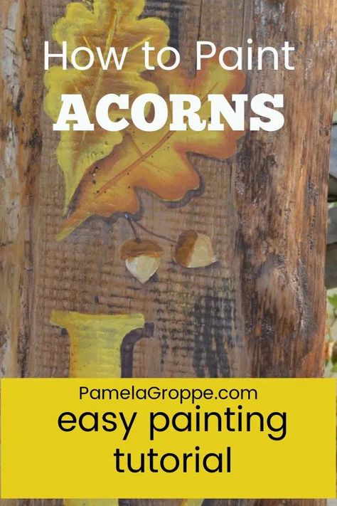 Learn how to paint acorns with this easy painting tutorial. Step by step instructions easy enough for beginners. Using acrylics paints and a flat brush you can create these fun fall elements and add to your paintings and autumn designs! Painting Acorns Diy, Paint Acorns, Easy Fall Paintings, Painting Tutorial Step By Step, Acorn Painting, Fall Elements, Fall Paintings, Acorn Leaf, Paint Tutorial