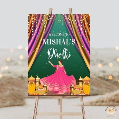 Welcome your guests with this Dholki Welcome Sign that features a Hand drawn image of a bride! Head over to FullahPrints on Etsy for more! Dholki Sign, Wedding Signage Template, Bride Mehndi, Bride Head, Mehndi Night, Beach Instagram Pictures, Curtain Lights, Wedding Signage, Printed Invitations