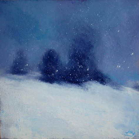 Snowfall on Mont Ventoux | A small painting with snowflakes silently falling down to cover the already thick blue-white ground #contemporaryart #snow #winterscenes Moody Painting, Winter Landscape Painting, Snow Art, Mazzy Star, Painting Snow, Winter Sky, Winter Painting, Dark Winter, Snow Scenes