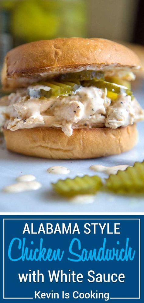 Sandwiches On Hamburger Buns, Chicken On A Bun Sandwiches, Alabama White Chicken Sliders, Hamburger Bun Sandwich Ideas, Sauce For Shredded Chicken, Dinner On A Bun, Alabama Food Recipes, Chicken Sandwich Recipes Shredded, Sauces For Sandwiches