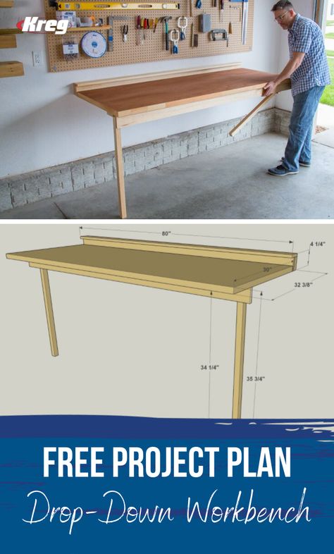 Fold Down Work Bench, Diy Projects Garage, Garage Workbench Plans, Scroll Saw Projects, Folding Workbench, Garage Organization Tips, Fold Down Table, Workbench Plans Diy, Garage Storage Shelves