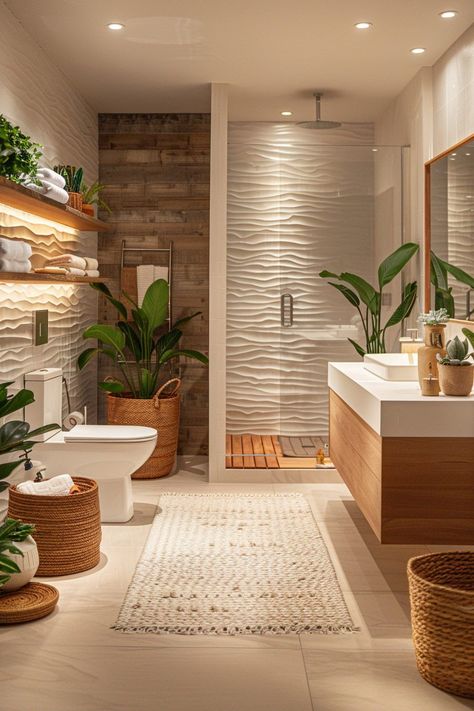 Natural Style Interior Design, Two Basins Bathroom, Apartment Nature Aesthetic, Natural Bathroom Aesthetic, Minimalistic Bathroom Ideas, Bathroom Decor Ideas Plants, Bathroom Soft Lighting, Calming Apartment Decor, Natural Stone Bathrooms