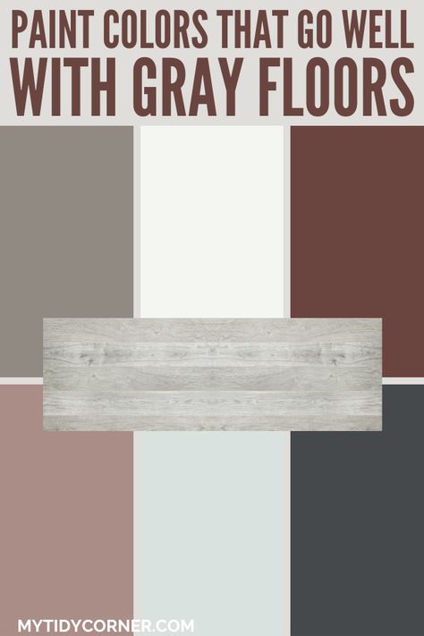 Collage of the top paint colors that match gray floors. Wall Paint For Grey Floors, Wall Colors For Grey Floors, Wall Colors To Match Gray Flooring, Wall Colors For Gray Floors, Gray Flooring Living Room Colour Schemes, Colors That Compliment Grey, Grey Painted Floor, Laminate Flooring On Walls, Grey Flooring Living Room