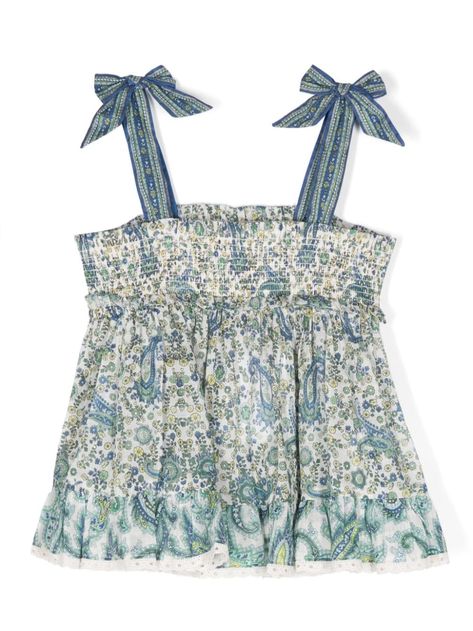 blue/multicolour cotton textured finish all-over floral print square neck sleeveless bow detailing shirring panelling flared hem Obx Summer Outfits, Collage Clothes, Light Blue Clothing, European Vacation Outfits, Flared Blouse, Outfit Store, Flare Blouse, Shopping Wishlist, Beachy Style