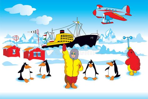 Explorer Cartoon, Polar Expedition, Bart Simpson, Art Sketches, Penguins, Stock Illustration, Stock Vector, Royalty Free Stock Photos, Vector Illustration