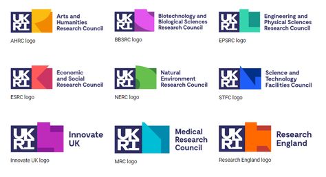 Group of related logos for UKRI sub brands Sub Brands Logo, Sub Logo Design Ideas, Subbranding Logo, Sub Brand Logo Design, Sub Branding, Community Branding, Brand Examples, Tetherball, Museum Branding