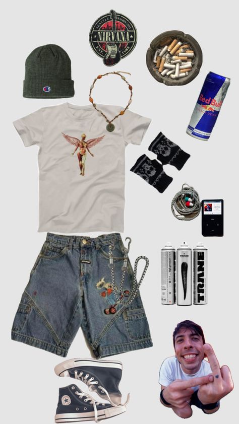 90s Aesthetic Men Outfit, Outfits 90s Style, Nirvana Fashion, 90s Grunge Outfits, Summer Grunge Outfits, Grunge Summer Outfits, Y2k Outfits Aesthetic, Y2k Outfits Men, Skater Outfit