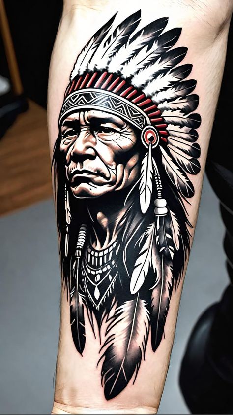 Native Indian Tattoo, Native American Chief Tattoo, Native Indian Tattoos, Native American Tattoo Designs, Cowboy Tattoos, Native American Tattoo, American Indian Tattoos, Full Leg Tattoos, Native American Tattoos