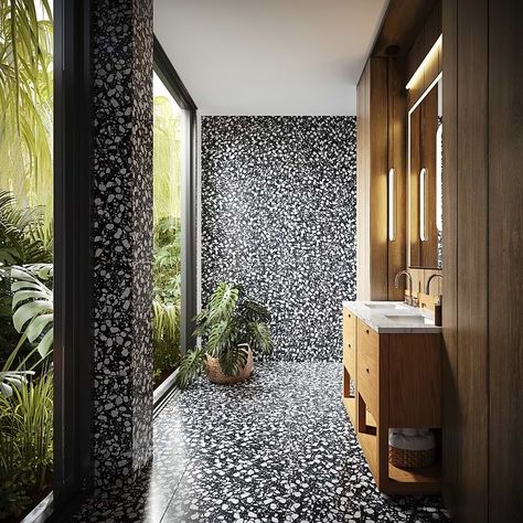 Terrazzo Italy Sacra Nero Black & White 24x24 Honed Terrazzo Tile Black And White Terrazzo Floor, Black Terrazzo Bathroom, Terrazo Tiles Bathroom, Terrazzo Tiles Bathroom, Terrazo Tile, Terrazzo Bathroom, Black Terrazzo, Honed Marble Tiles, White Bathroom Tiles