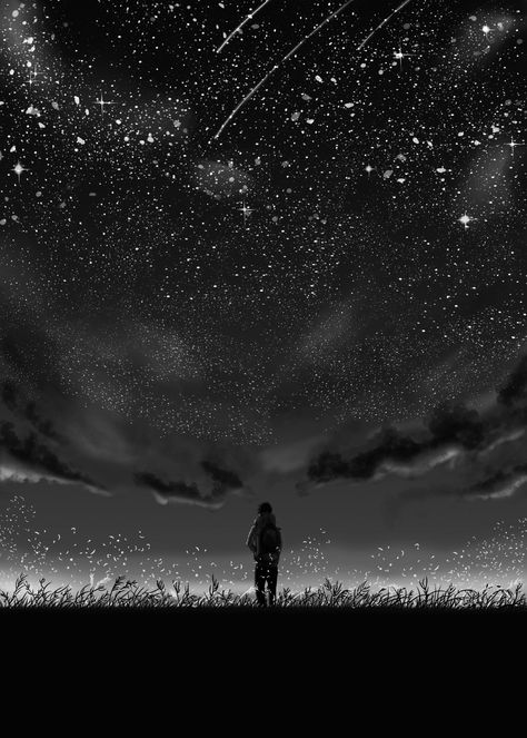 oriondiary: “‘‘Through the night, to the light.’’ ” Wallpapers Dark, Black And White Art Drawing, Cool Anime Backgrounds, Space Backgrounds, Night Scenery, Sketch Inspiration, Manga Pages, Sky Aesthetic, Anime Background