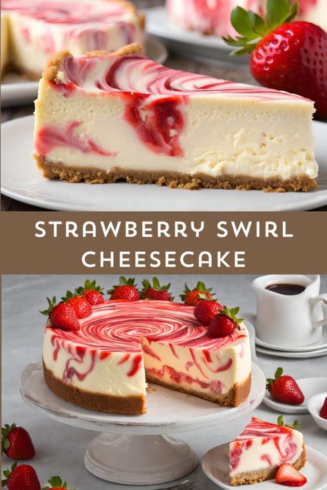 Cheesecake Recipes High Altitude, Cheesecake Recipes Birthday, Deserts Recipes Strawberries, Mini Strawberry Swirl Cheesecake, Chocolate Strawberry Cheesecake Recipes, Easy To Make Cheesecake, Raspberry Swirl Cheesecake Recipes, Mini Strawberry Crunch Cheesecake, Fresh Strawberry Cheesecake Recipe