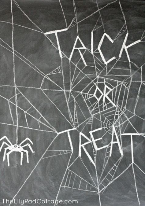 Spider Chalkboard Art, Plastic Pumpkins Crafts, Trick Or Treat Art, Fall Chalkboard Art, Halloween Chalkboard Art, Treat Art, Spooky Spider Web, Lilypad Cottage, Fall Chalkboard