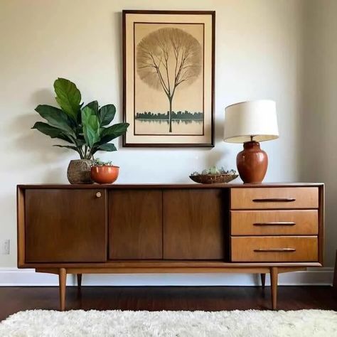 Why Mid-Century Modern Credenzas Are So Versatile? - 2024 Entry Credenza, Credenza Ideas, Credenza Styling, Mid Century Buffet, Mid Century Modern Credenza, Buffet Style, Styling A Buffet, Home Garden Design, Modern Credenza