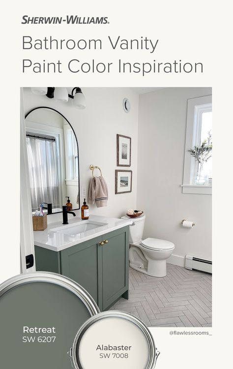 Retreat Sherwin Williams Color Palette, Sw Alabaster Bathroom Walls, Green Paint For Bathroom Vanity, Muted Color Bathroom, Basement Spa Bathroom Ideas, Alabaster Sherwin Williams With Green, Green Paint With Alabaster, Retreat Paint Color Sherwin Williams, Sw Retreat Paint Cabinets