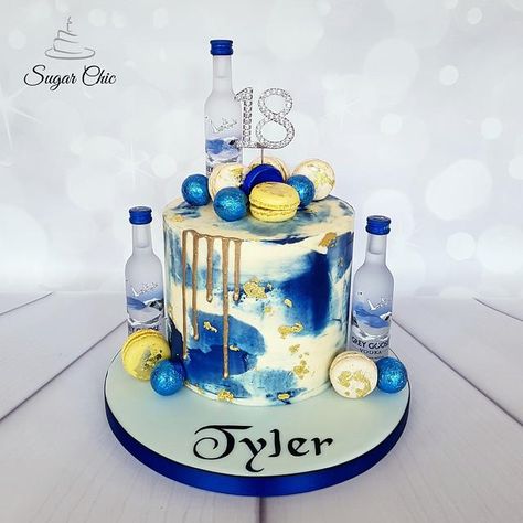 This little 6" cake, was covered with electric blue marble buttercream, edible gold leaf, and Grey Goose vodka bottles. Topped with chocolate truffles and macarons. Blue 21st Birthday Cake, 19th Birthday Cake For Boys, Blue Cakes For Men, Blue 18th Birthday Cake, 18th Birthday Cake Blue, Alcohol Cake Ideas For Men, Blue Cake Ideas For Men, Vodka Birthday Cake, 18th Birthday Cake For Guys