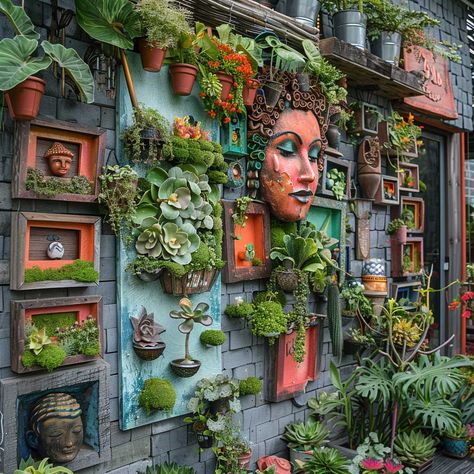 Outside Wall Plants Garden Ideas, Living Walls Outdoor Diy, Garden Wall Art Ideas, Diy Garden Wall Decor, Unique Yard Decor, Plant And Art Wall, Diy Garden Table Ideas, Garden Wall Ideas Decorative, Garden Wall Shelves