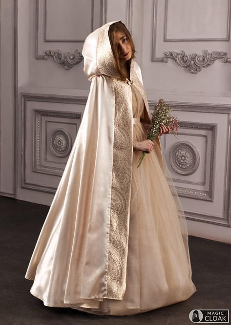 Pearl Cape, Beautiful Gown Designs, Cloak Dress, Gown With Cape, Wedding Cloak, Victorian Gown, White Gold Dress, Bride Dress Simple, Hijab Wedding Dresses