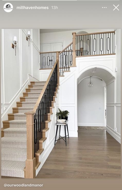 2 Story Foyer Staircase, Interior Design Stairs Ideas, Foyer 2 Story, Front Door With Stairs Entryway, Foyer With Staircase Entryway, Farmhouse Foyer Staircase, Straight Staircase Ideas Entrance, Wainscoting Ideas For Stairs, Foyers With Staircases