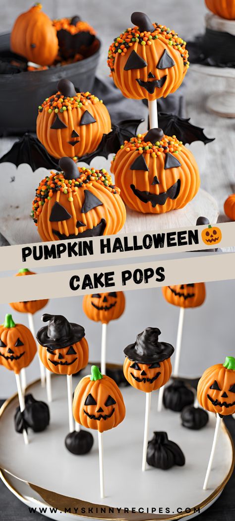 Create spooky fun with these Pumpkin Halloween Cake Pops! 🎃🍭 Moist cake mixed with creamy frosting, dipped in orange candy melts, and decorated like mini pumpkins. Perfect for Halloween parties! #PumpkinCakePops #HalloweenTreats #FestiveDesserts #myskinnyrecipes Jack O Lantern Cake Pops, Halloween Cakepops Ideas, Spooky Cake Pops, Mini Halloween Cakes, Halloween Cake Pops Ideas, Mini Halloween Party, Halloween Mini Cakes, Halloween Cake Pop Recipes, Cake Pops Designs