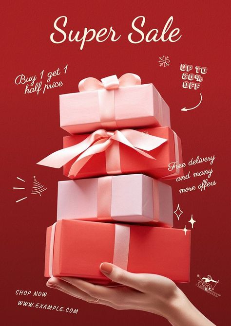 Super sale poster template | premium image by rawpixel.com / ton Super Sale Poster, Christmas Sale Poster, Black Friday Poster, Birthday Lights, Birthday Sale, Christmas Gift Sale, Christmas Ad, Gift Ribbon, Social Media Design Inspiration