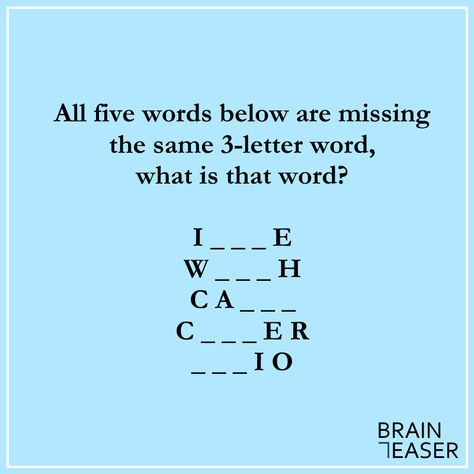 All 5 are valid English words, completed by the same 3-letter word. #braineaser #brainteaser #brainteasers #puzzle #puzzles #riddle #riddles #riddlemethis #braingame #braingames #wordplay #words #quiz #challenge #thinking English Puzzles, Word Puzzles Brain Teasers, Word Brain Teasers, Puzzle Games Brain Teasers, Tongue Twisters For Kids, English Riddles, Word Riddles, Grammar Jokes, Learning Websites For Kids