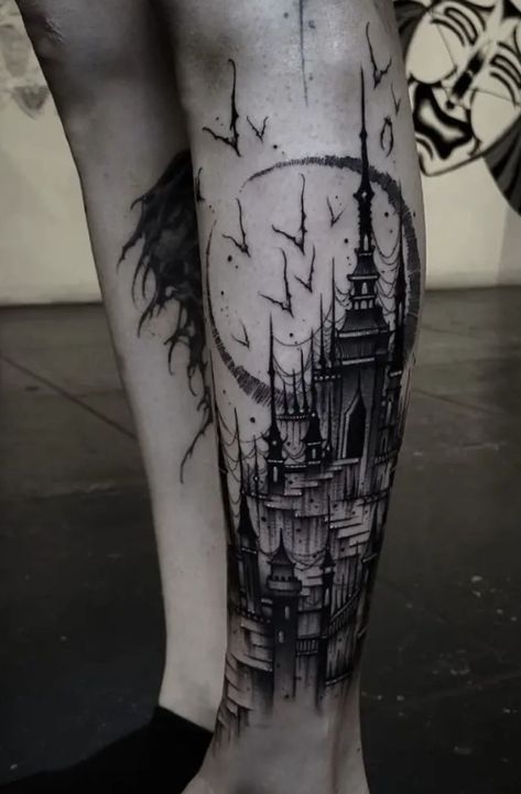 Spooky Blackwork Tattoo, Tattoo Wade, Gothic Tower, Cathedral Tattoo, Tower Tattoo, Hades Tattoo, Shin Tattoo, Castle Tattoo, Goth Tattoo