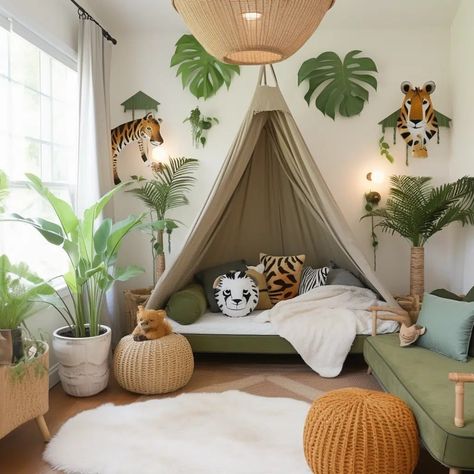 Rainforest Theme Bedroom, Jungle Playroom Ideas, Bedroom Ideas Jungle, Toddler Jungle Bedroom, Jungle Room Ideas, Jungle Toddler Room, Animal Bedroom Kids, Boy Room Ideas Toddler, Girls Jungle Bedroom