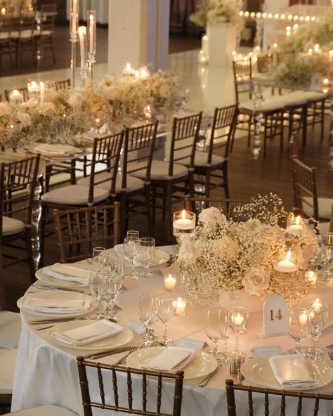 Details from D & A’s All-White Flower & Candlelight Wedding ✨🤍 Floral Venue Decor, Cream White And Gold Wedding Decor, Candle Light Wedding Table, Romantic White And Gold Wedding, White Rose Decor Wedding, Babys Breath Centre Piece, Candle Lit Wedding Tables, All White Wedding Reception Decoration, Magical Wedding Decor