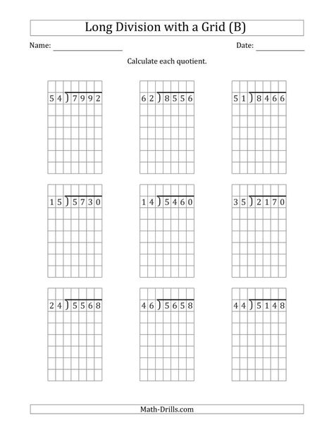 The 4-Digit by 2-Digit Long Division with Grid Assistance and NO Remainders (B) Math Worksheet from the Division Worksheets Page at Math-Drills.com. Division Worksheets Grade 5, Division Worksheets Grade 4, Multiplication And Division Worksheets, Math Division Worksheets, Long Division Worksheets, 5th Grade Worksheets, Math Drills, Division Worksheets, Long Division