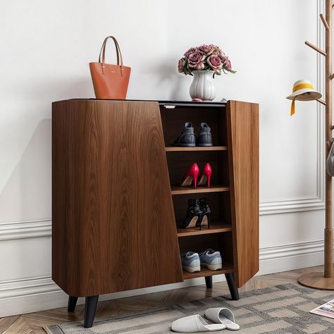 Hernest | Walnut Shoe Cabinet Mid-Century 36" Entryway Shoe Storage 4 Shelves Shoe Cabinet with Iron Legs for Shoe Storage Organizer Console Shoe Cabinet, Mid Century Shoe Cabinet, Console Cabinets, Cabinet Entryway, Shoe Cabinet Entryway, Entry Storage, Wood Shoe Storage, Bench Storage, Office Interior Design Modern