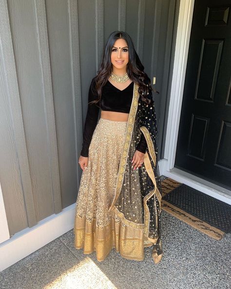 Raji Khaira Nagra 🧿 on Instagram: “Reception ready 🖤 Tonight we designed myself a beautiful black + gold lengha! (inspired by the lovely @deepikapadukone). The bottom is done…” Traditional Long Sleeve Blouse With Sheer Dupatta, Bollywood Style Semi-stitched Sets With Long Sleeves, Bollywood Style Semi-stitched Long Sleeve Sets, Long Sleeve Embroidered Choli For Eid, Elegant Long Sleeve Sets For Navratri, Embroidered Long Sleeve Choli For Eid, Elegant Long Sleeve Choli For Eid, Long Sleeve Sharara With Zari Work For Festivals, Black Blouse Piece With Sheer Dupatta For Festivals