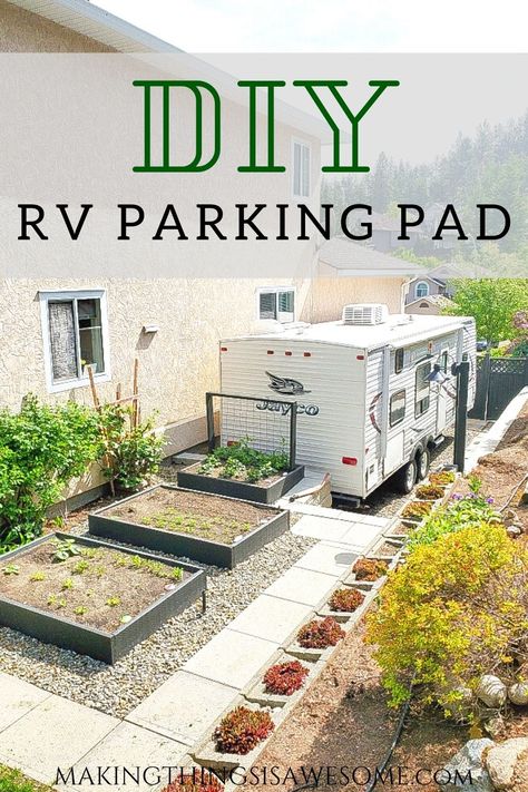 Finding a way to have RV parking at your own home is alot of work, but so worth it in the end. To be able to pack and clean out your trailer at home is so convienent. Use this step by step tutorial to build your own RV parking pad. You wont regret it! #rvparking #rvparkingpad #diyparkingpad #diyrvstorage #diyrv #rvstorage #parkingpad #trailerstorage #rvlife Backyard Rv Parking Ideas, Camper Parking Pad Ideas At Home, Parking Ideas, Gravel Landscaping, Cinder Block Walls, Patio Slabs, Diy Rv, Concrete Steps, Side Yard