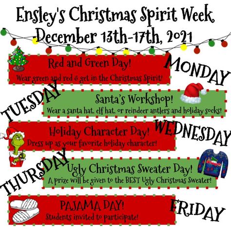 Office Christmas Spirit Week Ideas, Spirt Week Ideas Outfits, Christmas Spirit Week Ideas, Christmas At Work, Christmas Spirit Week, Themes For Christmas, Holiday Spirit Week, Spirit Week Themes, Spirit Week Ideas