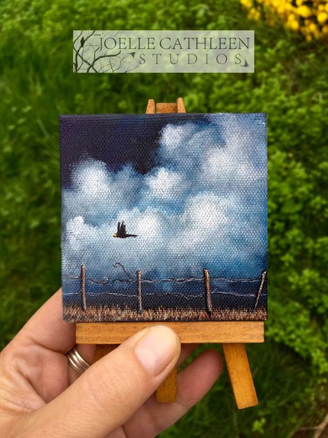 Miniature Acrylic Painting of Crow Flying over Field Custom Painted Next Day Crow Flying, Mini Toile, Miniature Paintings, Small Canvas Paintings, Simple Canvas Paintings, Small Canvas Art, Lukisan Cat Air, Nature Art Painting, Creative Painting