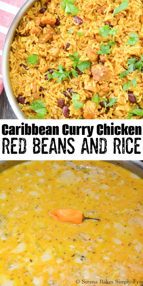 Chicken Red Beans And Rice, Caribbean Curry Chicken, Chicken Rice Beans, Caribbean Curry, Red Beans And Rice Recipe, Food Rocks, One Pot Chicken Recipes, Chicken Curry Soup, Jamaican Curry Chicken