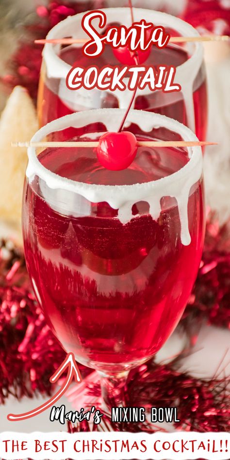 This Santa Cocktail is the perfect holiday drink for the season. Cranberry juice, grenadine, vodka, sprite, and corn syrup come together to create a deliciously sweet cocktail that all the adults will love after a long day of eating and holiday fun. Santa Cocktail Christmas Drinks, Red Christmas Drinks Alcohol, Cranberry Sprite Cocktail, Xmas Drinks Christmas Cocktails, New Years Drinks Cocktails, Christmas Alcoholic Drinks Recipes, Christmas Punch Alcoholic, Santa Cocktail, Santa Punch