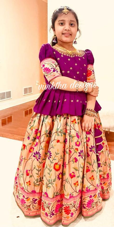 Paithani Dress Pattern, Kids Lehanga Design Indian Dresses, Kids Blouse Designs For Lehanga, Kids Lehanga Design For Wedding, Kids Traditional Wear Indian, Pattu Lehenga For Kids, Lehanga Blouses, Langa Blouse For Kids, Sequence Flower