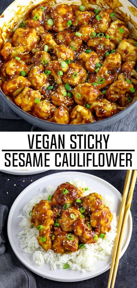 Skip the takeout and make a lighter version at home. This Sticky Sesame Cauliflower is battered and baked to perfection then smothered in a spicy, sticky-sweet sauce. It's heavenly! #sesamecauliflower #veganfood #takeoutinspired Low Fat Vegetarian Recipes, Korean Vegetarian Recipes, Sesame Cauliflower, Sticky Sesame Cauliflower, Vegetarian Recipes For Beginners, Vegetarian Recipes Lunch, Vegetarian Crockpot Recipes, Crock Pot Recipes, Makanan Diet