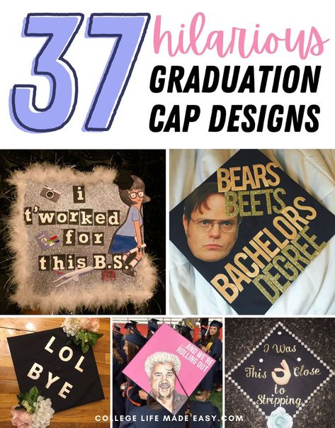 Bears, beets, battlestar galactica and more hilarious cap designs that are perfect for graduating high school and college students Cap Decoration Graduation High School Funny, High School Grad Cap Ideas Funny, High School Graduation Cap Designs Funny, Funny Graduation Cap Designs College, Graduation Cap Ideas Funny, Funny Graduation Cap Decoration, Funny Grad Cap Ideas, Funny Graduation Cap Designs, Quotes From The Office