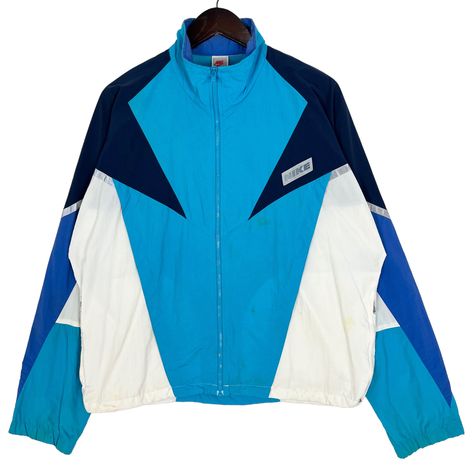 Vintage 90s Nike Windbreaker Jacket Multicolored Size Medium * Size on Tag : M * Manual Measurement (inch) : Chest 27, Length 26, Sleeve (collar to cuff) 33, Hem 21. * Recommended for Size : Medium (M) & (L) Large * Color : Blue, Navy, White. * Condition : Very Worn with all over stains and loose cuffs (please refer photos). * See photos for details. 119 90s Nike Windbreaker, Moon Board, 90s Jackets, Nike Windbreaker Jacket, 90s Nike, 90s Jacket, Nike Windbreaker, Jacket Design, Vintage Jacket