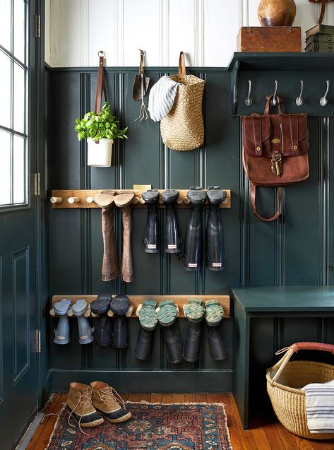 In this mudroom, a combination of deep hunter green and bright white creates a modern two-tone look. #accentwallideas #wallpanelingideas #accentwall #bhg Mudroom Laundry Room, Mudroom Design, Green Walls, Boot Room, Style At Home, My New Room, Home Fashion, Home Staging, 인테리어 디자인