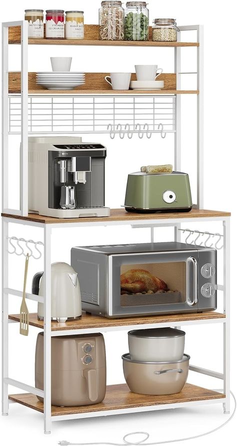 Amazon.com - VASAGLE Hutch Bakers Rack with Power Outlet, 14 Hooks Microwave Stand, Adjustable Coffee Bar with Metal Wire Panel, Kitchen Storage Shelf, 15.7 x 31.5 x 66.9 Inches, Rustic Walnut and White UKKS025W41 - Standing Baker's Racks Baker's Rack, Coffee Area, Microwave Stand, Coffee Bar Design, Spacious Kitchen, Kitchen Storage Shelves, Bakers Rack, Future Room, Toasters