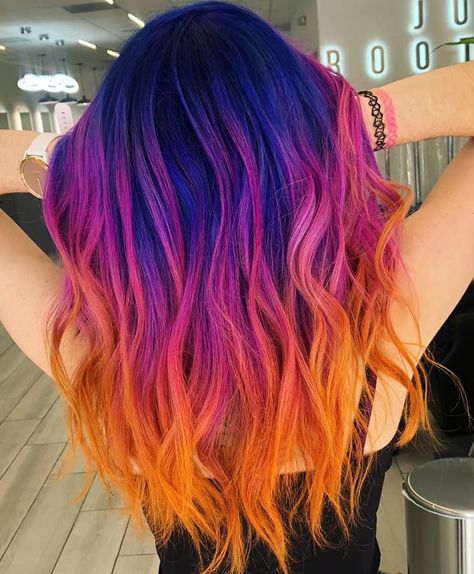 Shine Line Hair, Sunset Hair Color, Sunset Hair, Fire Hair, Galaxy Hair, Hair Color Underneath, Vivid Hair Color, Rainbow Hair Color, Creative Hair Color